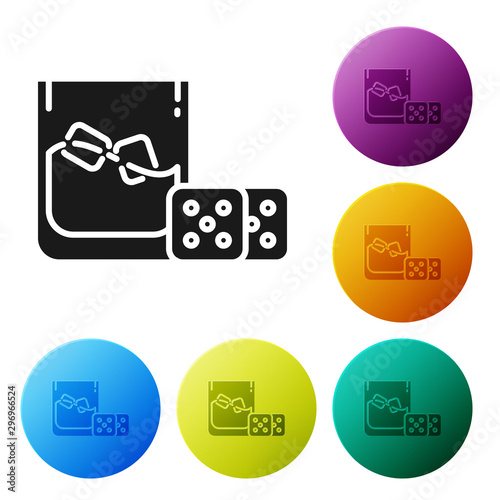 Black Game dice and glass of whiskey with ice cubes icon isolated on white background. Casino gambling. Set icons colorful circle buttons. Vector Illustration