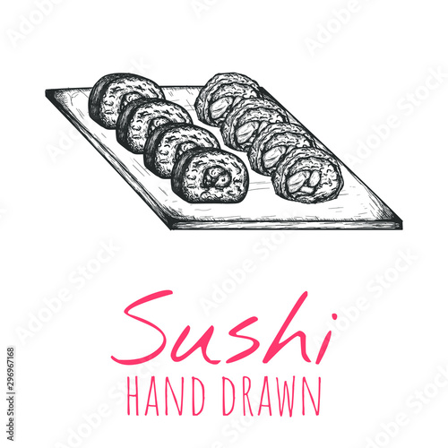 Maki sushi roll plate hand drawn illustration, isolated vector design.