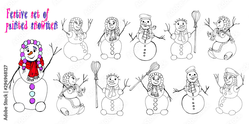 festive set, isolated vector elements for Christmas and New year decoration, doodle. Snowmen, snowflakes festive set, isolated vector elements for Christmas and New year decoration, doodle. Snowmen, snowflakes