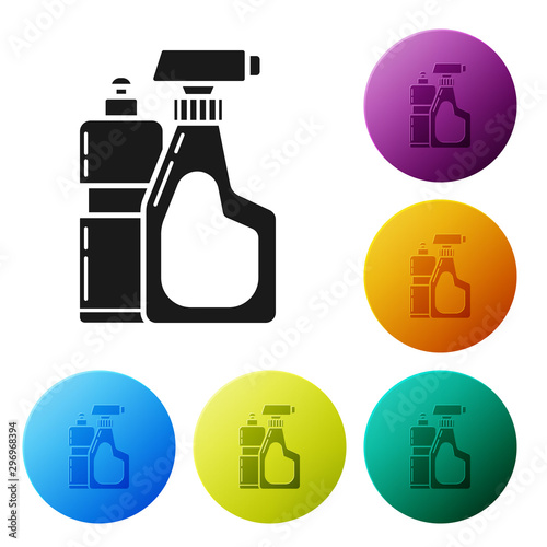Black Plastic bottles for liquid laundry detergent, bleach, dishwashing liquid or another cleaning agent icon isolated on white background. Set icons colorful circle buttons. Vector Illustration