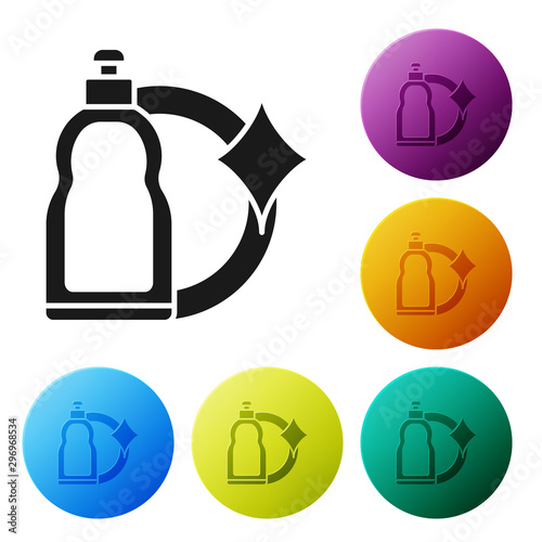 Black Plastic bottle for liquid laundry detergent, bleach, dishwashing liquid or another cleaning agent icon isolated on white background. Set icons colorful circle buttons. Vector Illustration
