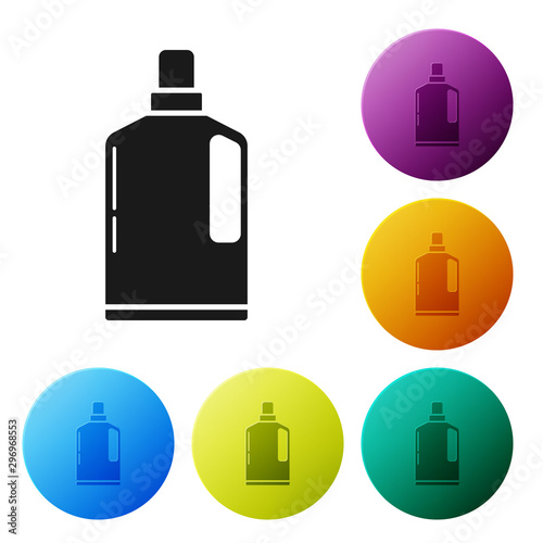 Black Plastic bottle for liquid laundry detergent, bleach, dishwashing liquid or another cleaning agent icon isolated on white background. Set icons colorful circle buttons. Vector Illustration