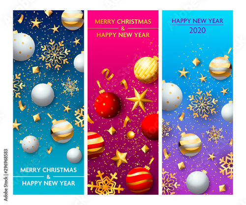 New Year blue  pink banner set with baubles