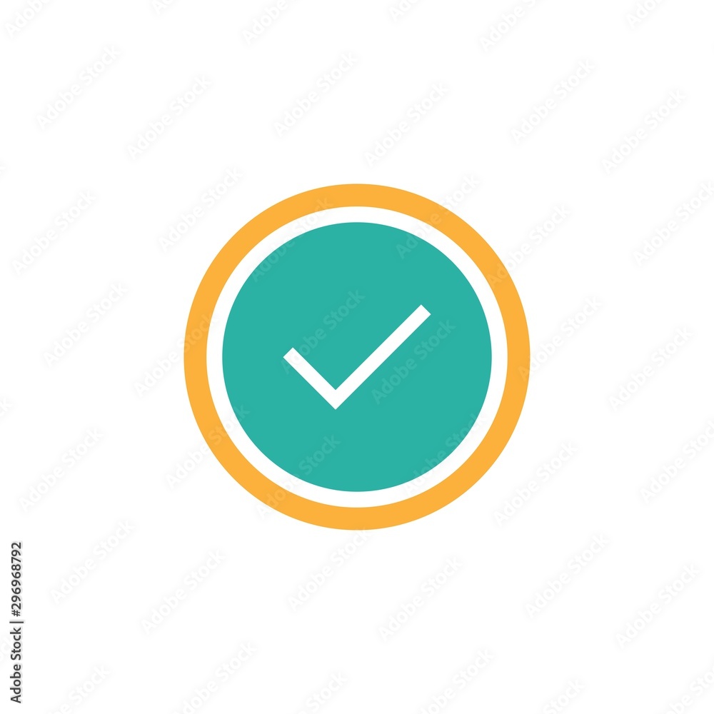 Valid Seal icon. Blue circle with ribbon outline and white tick. Flat OK sticker icon. Isolated on white. Valid Seal icon. Blue circle with ribbon outline and white tick. Flat OK sticker icon. Isolated on white.