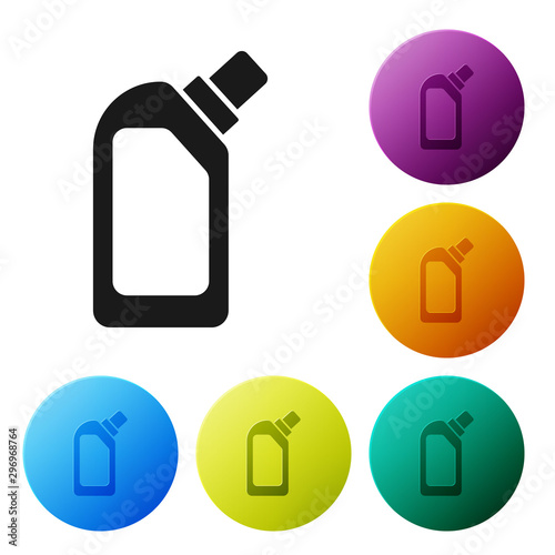 Black Plastic bottle for liquid laundry detergent, bleach, dishwashing liquid or another cleaning agent icon isolated on white background. Set icons colorful circle buttons. Vector Illustration