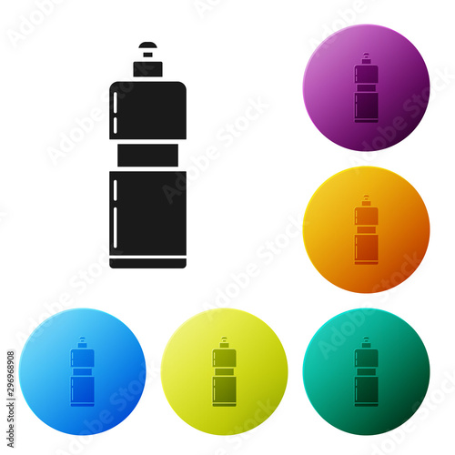 Black Plastic bottle for liquid laundry detergent, bleach, dishwashing liquid or another cleaning agent icon isolated on white background. Set icons colorful circle buttons. Vector Illustration