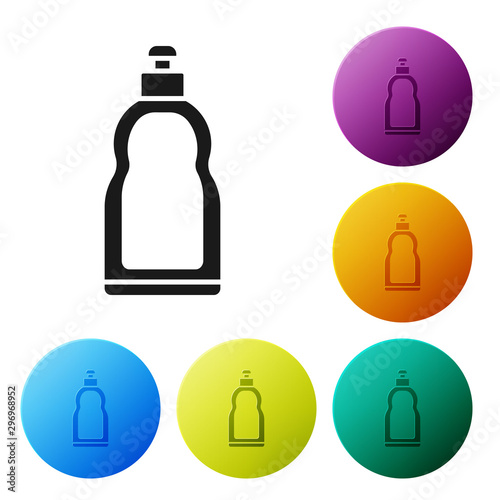 Black Plastic bottle for liquid laundry detergent, bleach, dishwashing liquid or another cleaning agent icon isolated on white background. Set icons colorful circle buttons. Vector Illustration