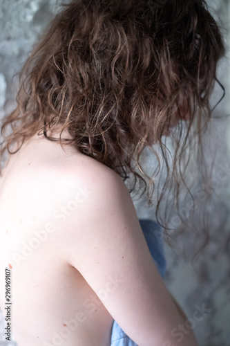 half naked girl with curly hair