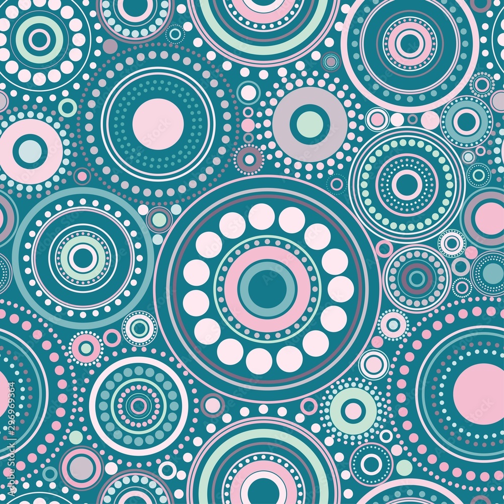 Seamless abstract pattern of circles and dots of blue and pink colors. Kaleidoscope background.
