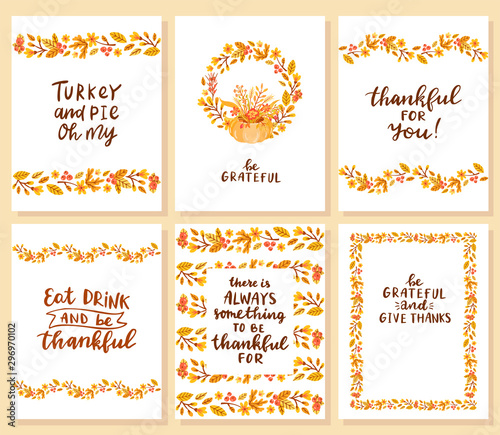 Set of thanksgiving card templates. Hand drawn lettering illustration.