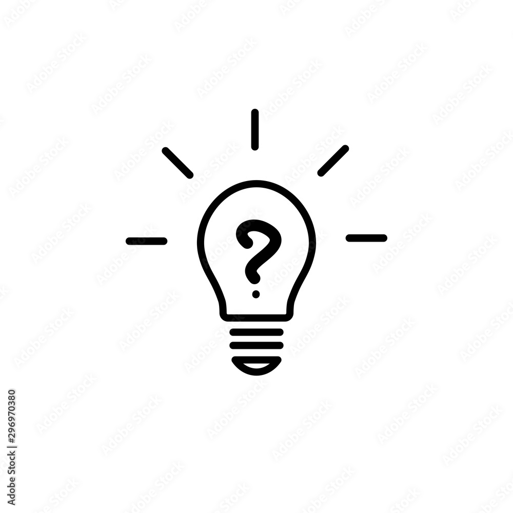 black bulb with question and rays. flat icon. Isolated on white background. black bulb with question and rays. flat icon. Isolated on white background.
