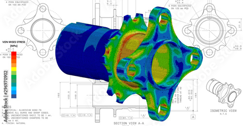 3D Illustration. Von Mises stress isometric view of car suspension hub with scale on top of engineering technical drawing