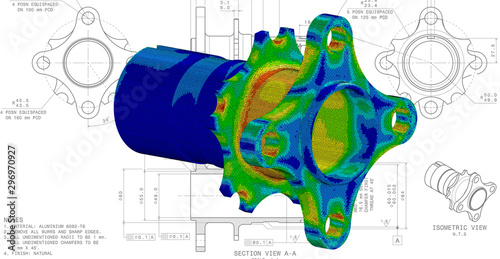 3D Illustration. Von Mises stress isometric view of car suspension hub on top of engineering technical drawing