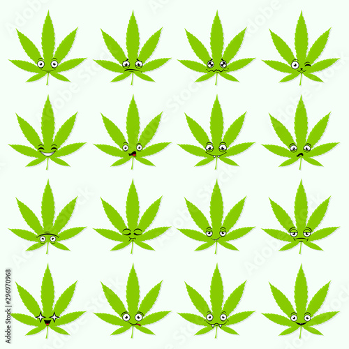 Cute emoticon set: adorable cartoon cannabis leaf with different emotions. Flat vector illustration.Ganja leaves with emoji.