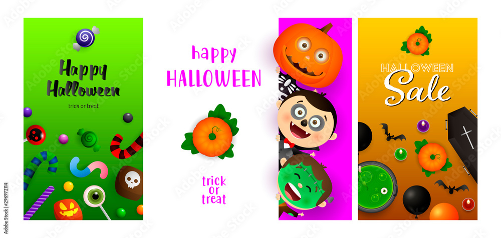 Fototapeta Happy Halloween green, violet, orange banner set with monsters