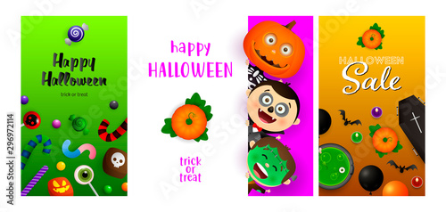Happy Halloween green, violet, orange banner set with monsters