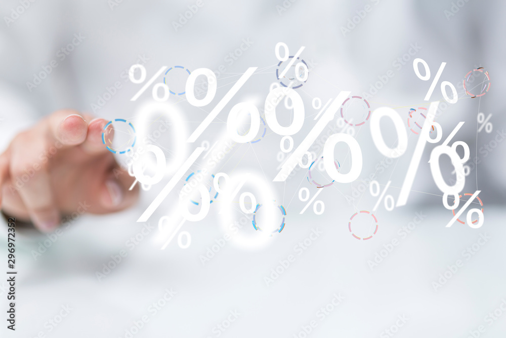 hand touches virtual percent icon hand touches virtual percent icon