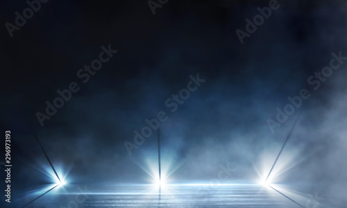 Empty background scene. Dark street reflection on the wet pavement. Rays neon light in the dark, neon figures, smoke. Night view of the street, the city. Abstract dark background. Abstract spotlight.