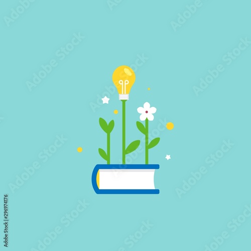 Blue book with green sprig or sprout, flower and bulb. Flat icon isolated on blue background.
