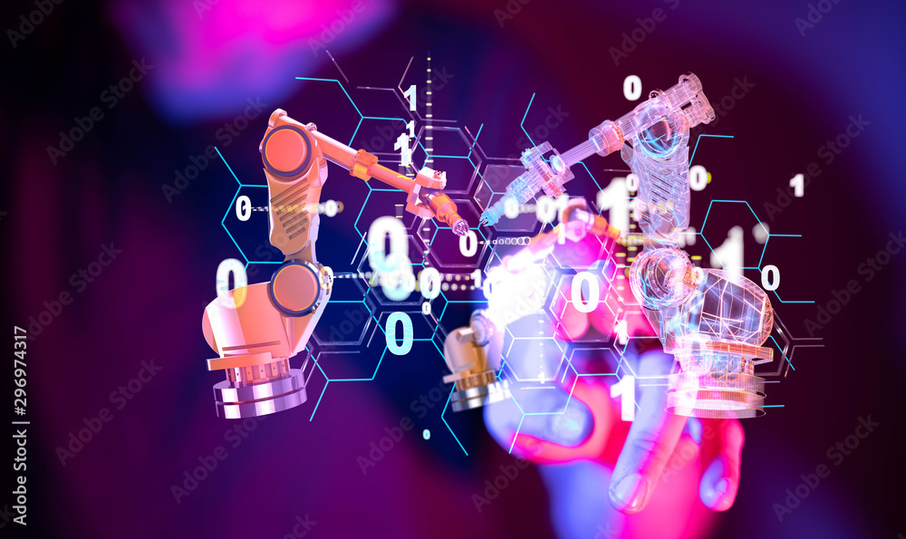 Industry 4.0 concept - Robot arm in smart factory background. Industry 4.0 concept - Robot arm in smart factory background.