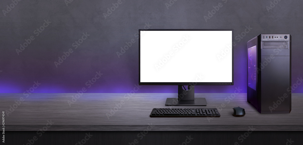 Gaming computer on desk with isolated screen for mockup. Free space beside  for promo text. Modern computer with RGB light. foto de Stock | Adobe Stock