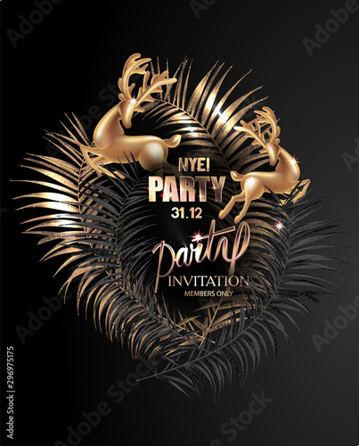 New year eve invitation card with gold deers and fir branches. Vector illustration