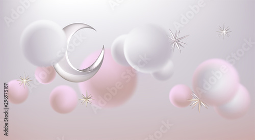 Volume moon, clouds and stars levitating in the sky. Vector illustration