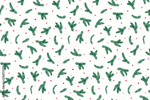 Pine branch and red berries vector seamless pattern illustration on white background. Will be good for decor a postcard, posters, gift wrapping, gift boxes, fabric and etc. © Amaia Bloom