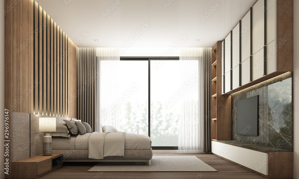 Bedroom modern minimal style with built-in headboard and tv cabinet with wooden and black marble. 3d rendering Bedroom modern minimal style with built-in headboard and tv cabinet with wooden and black marble. 3d rendering