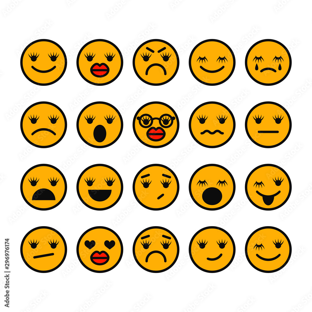 Girls smiling with eyelashes and lips. Vector flat cartoon character illustration. Emotional icons Girls smiling with eyelashes and lips. Vector flat cartoon character illustration. Emotional icons