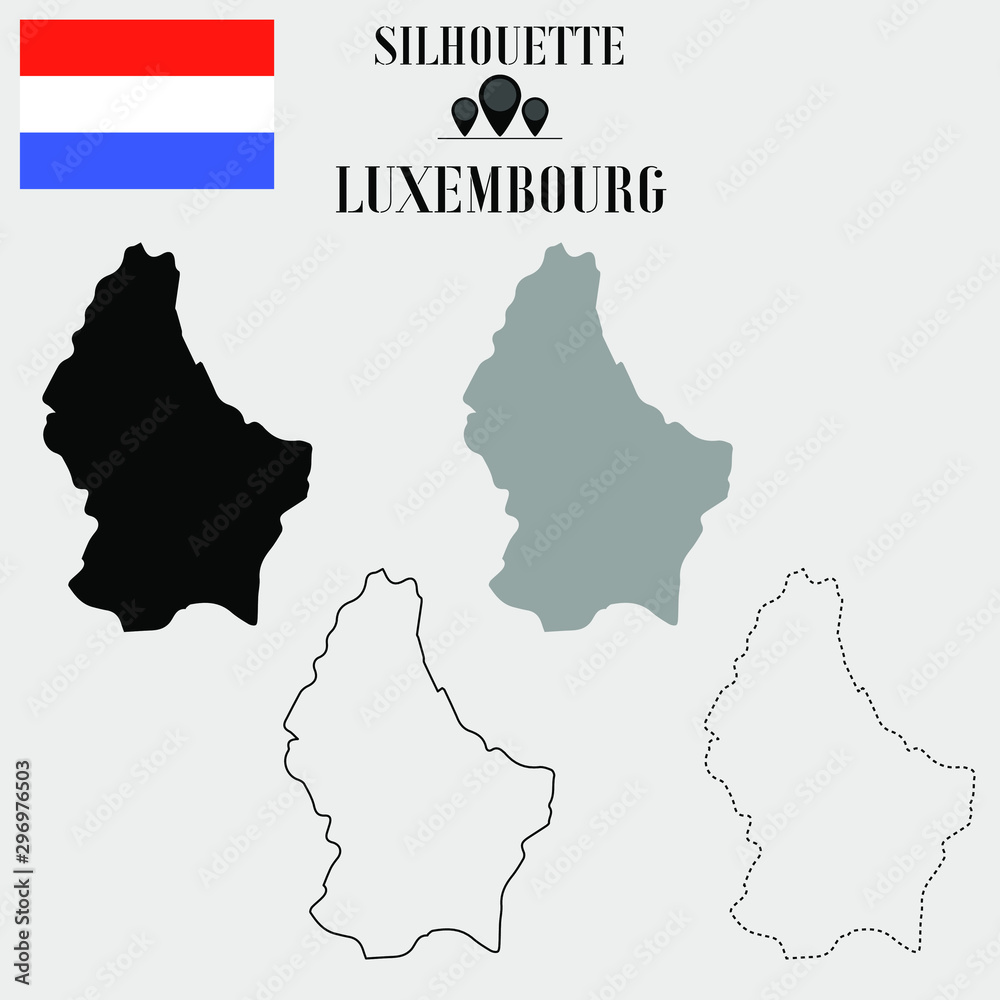 Luxembourg outline world map, solid, dash line contour silhouette, national flag vector illustration design, isolated on background, objects, element, symbol from countries set