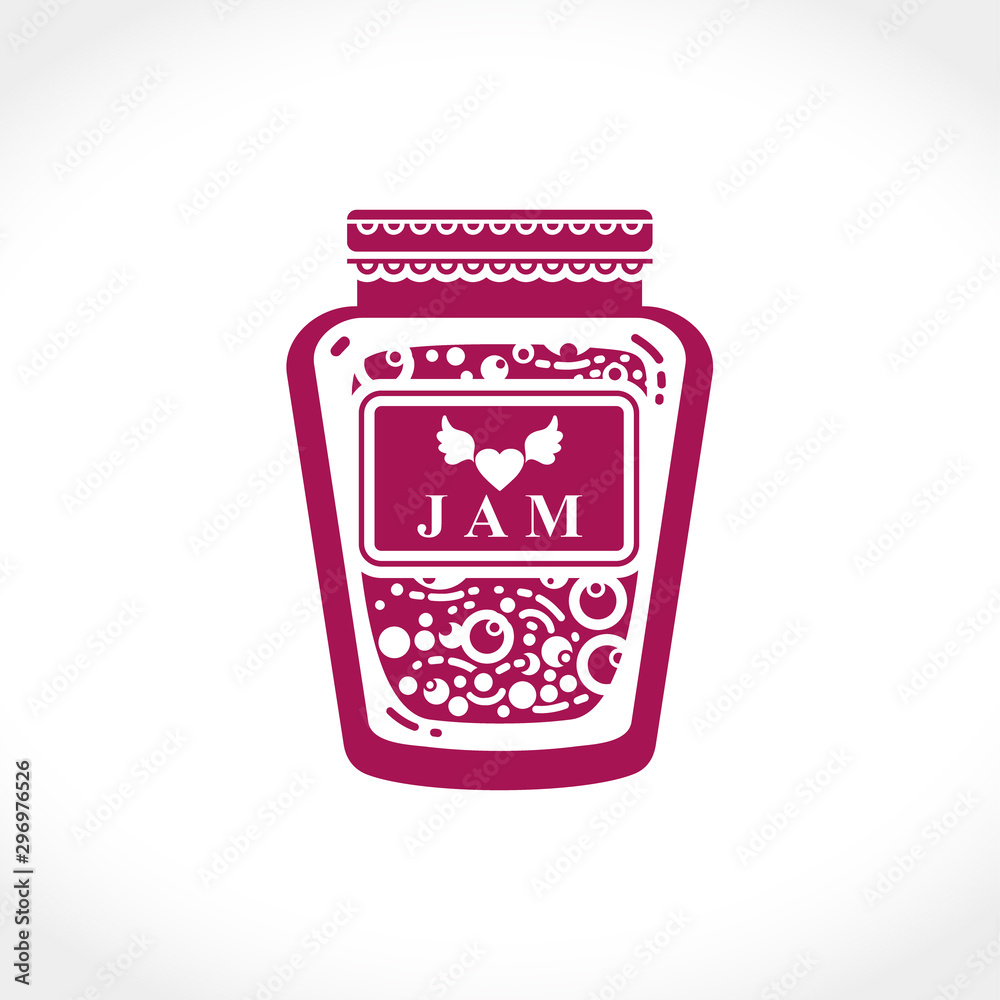 Flat vector illustration of a jar of jam. Berry or fruit jam in a glass jar. On the label is a heart with wings.