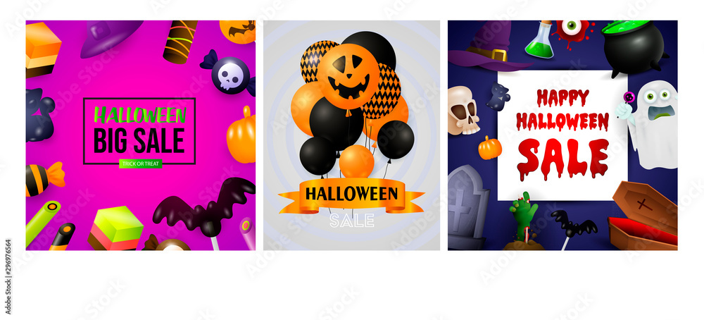Happy Halloween pink, blue banner set with creepy balloons