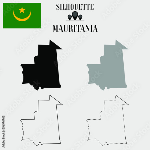 Mauritania outline world map, solid, dash line contour silhouette, national flag vector illustration design, isolated on background, objects, element, symbol from countries set