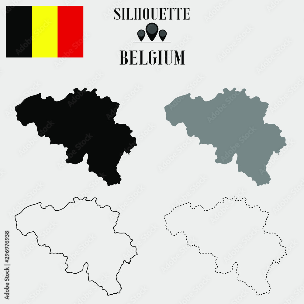 Belgium outline world map, solid, dash line contour silhouette, national flag vector illustration design, isolated on background, objects, element, symbol from countries set