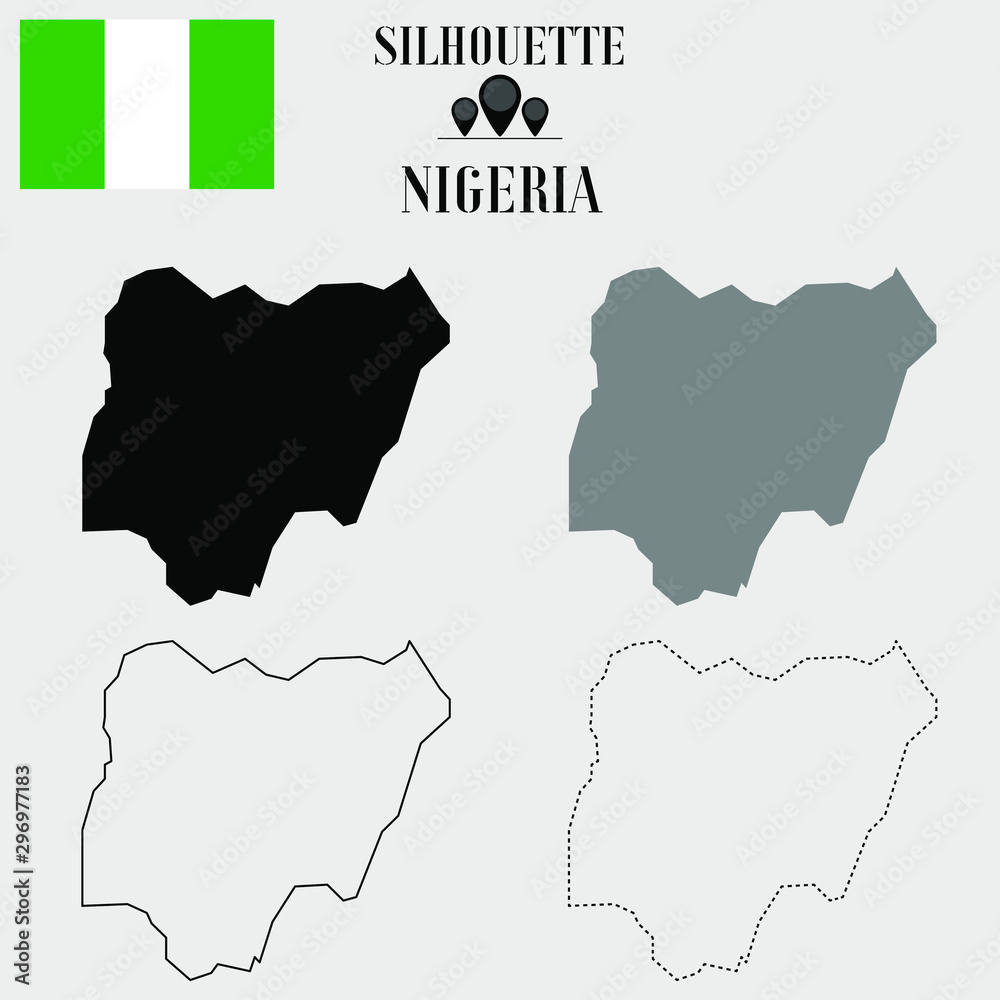 Nigeria outline world map, solid, dash line contour silhouette, national flag vector illustration design, isolated on background, objects, element, symbol from countries set