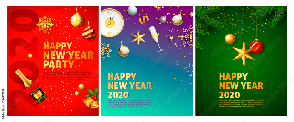 Happy New Year red, blue, green blue banner set with champagne
