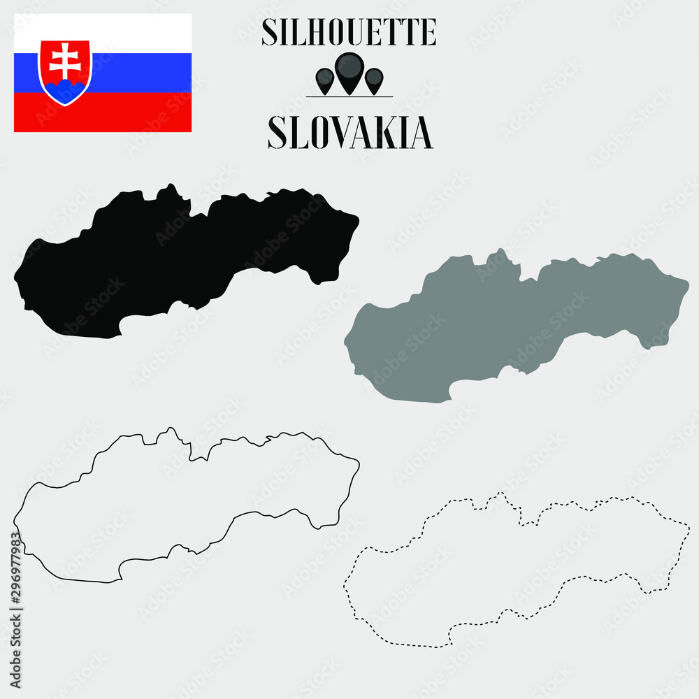 Slovakia outline world map, solid, dash line contour silhouette, national flag vector illustration design, isolated on background, objects, element, symbol from countries set