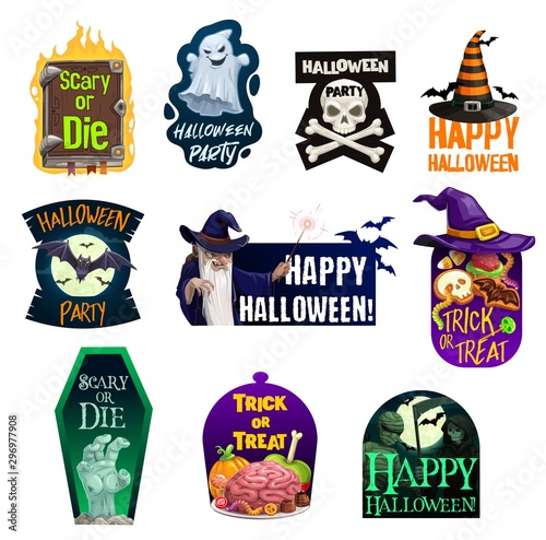 Halloween ghost, bat, witch hat with candy icons