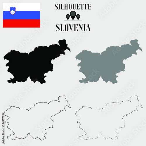 Slovenia outline world map  solid  dash line contour silhouette  national flag vector illustration design  isolated on background  objects  element  symbol from countries set
