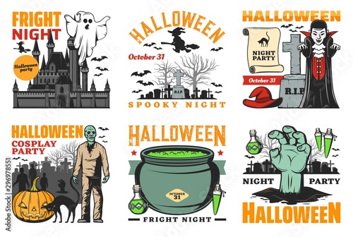 Halloween ghost, vampire, witch and zombie icons