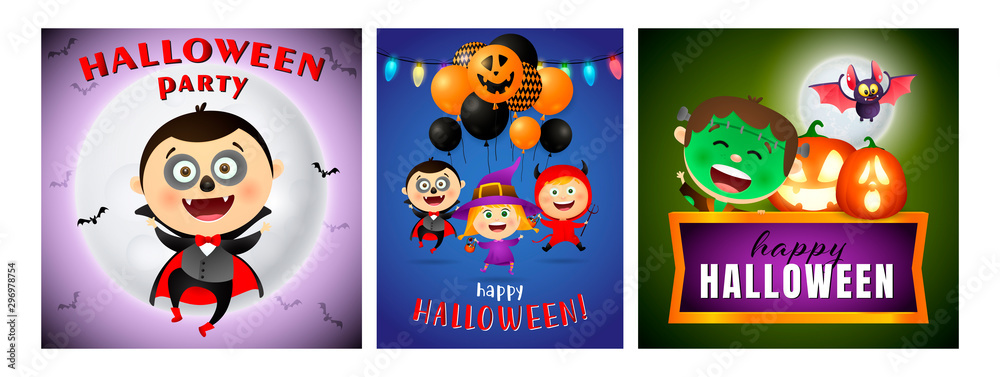 Obraz premium Halloween party blue, green banner set with vampire
