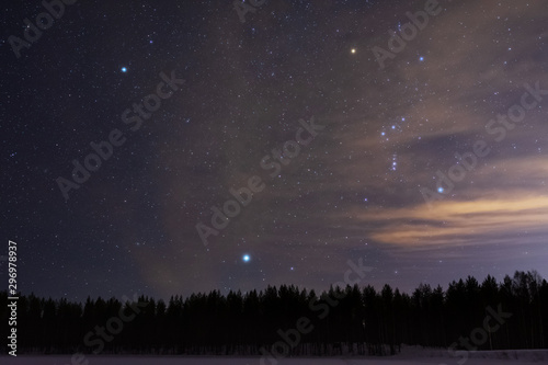 Orion and Canis Minor constellations and Sirius above boreal forest on a cold winter night