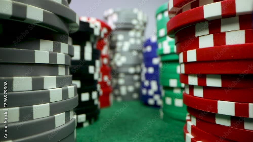 stacks of casino poker chips. closeup dolly shot