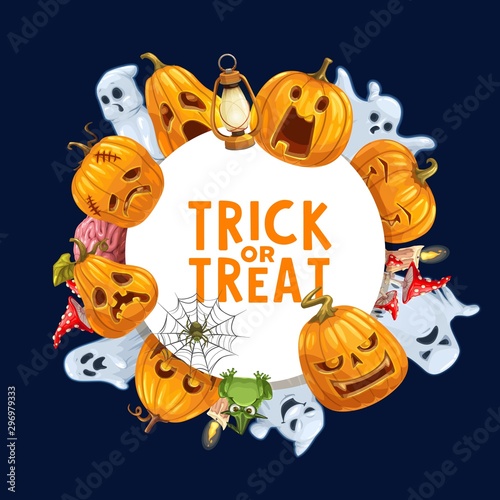 Halloween pumpkins, ghosts and zombie brain frame
