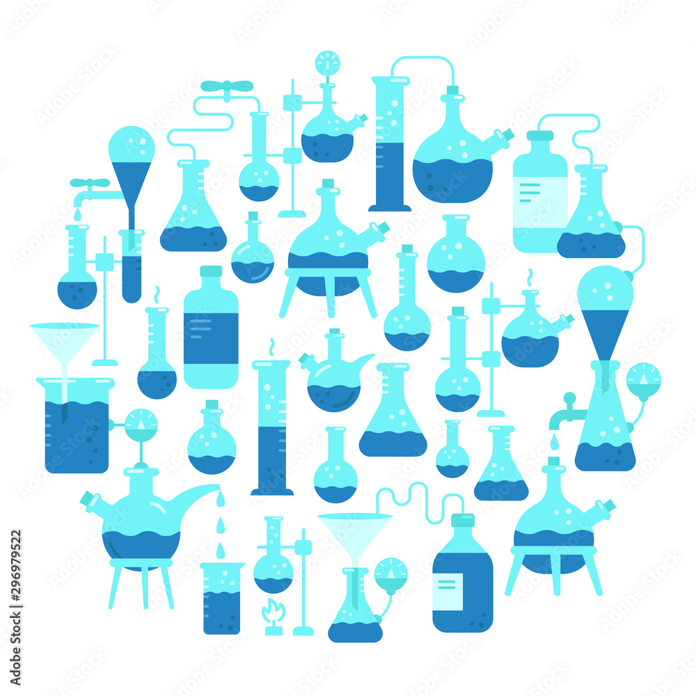 Chemistry science round background. Flask test tube beaker chemicals kit. Diagnostic test analysis laboratory research equipment. Flat blue circle illustration. Chemistry science round background. Flask test tube beaker chemicals kit. Diagnostic test analysis laboratory research equipment. Flat blue circle illustration.