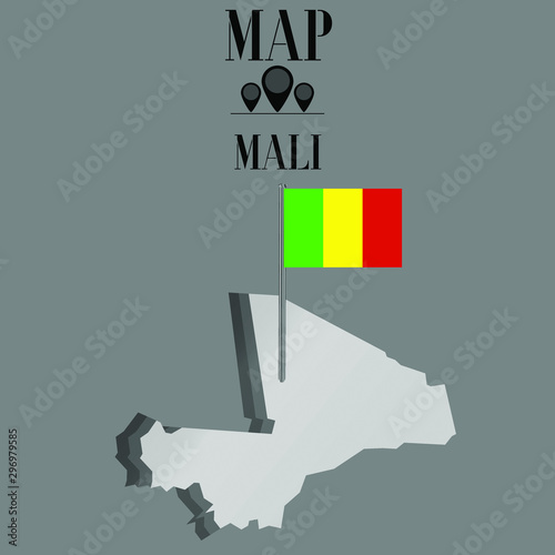 Mali outline world map, contour silhouette with national flag on flagpole vector illustration design, isolated on background, objects, element, symbol from countries set