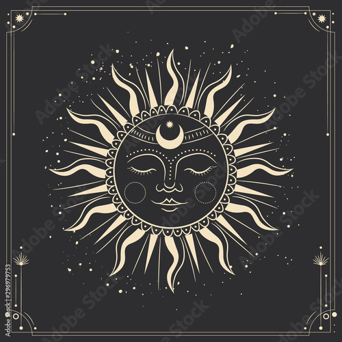 Vector illustration set of moon phases. Different stages of moonlight activity in vintage engraving style. Zodiac Signs
