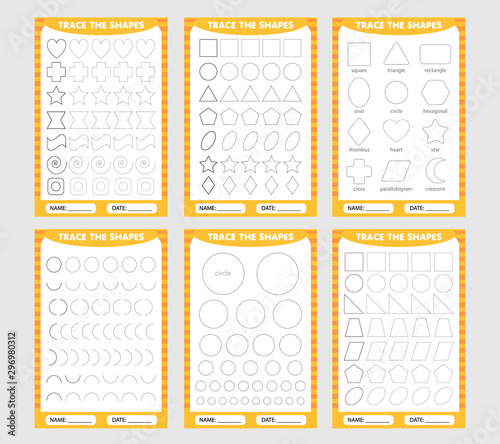 yellow set of trace the geometric shapes around the contour. learning for children, drawing tasks. simple lesson figures