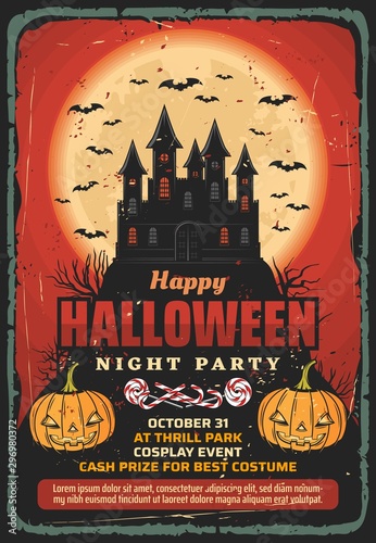 Halloween haunted house, pumpkins and bats